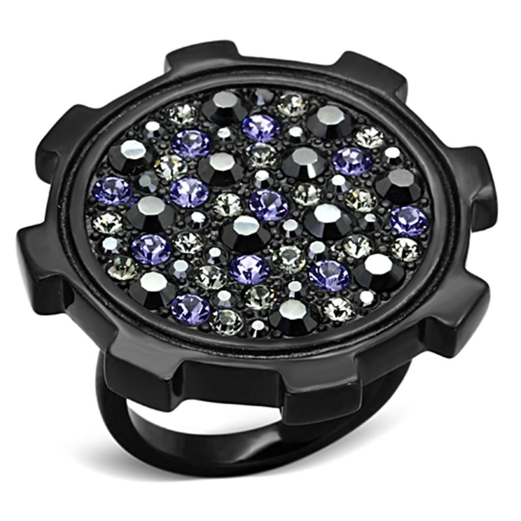 TK1296 IP Black Stainless Steel Ring featuring a multi-color top grade crystal, showcasing a modern and elegant design.