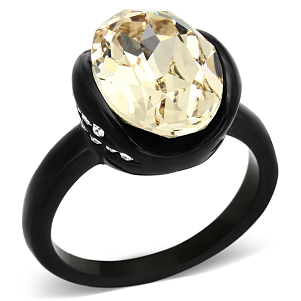 TK1298 IP Black Stainless Steel Ring with top-grade light smoked crystal, showcasing a sleek design and durable finish.