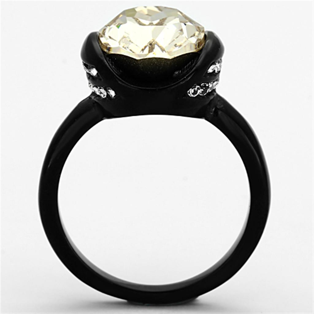 TK1298 IP Black Stainless Steel Ring with top-grade light smoked crystal, showcasing a sleek design and durable finish.