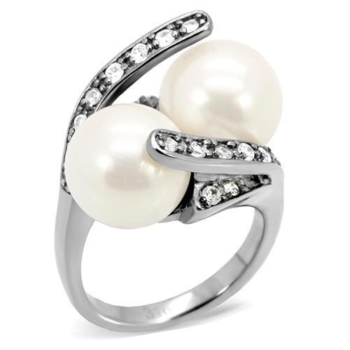 TK113 High Polished Stainless Steel Ring featuring a synthetic white pearl center stone, showcasing its elegant design and shiny finish.