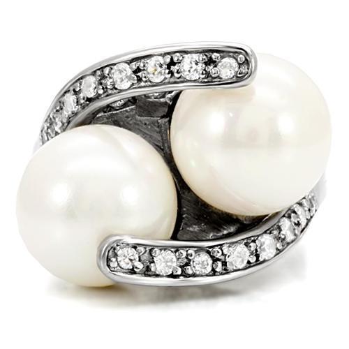 TK113 High Polished Stainless Steel Ring featuring a synthetic white pearl center stone, showcasing its elegant design and shiny finish.