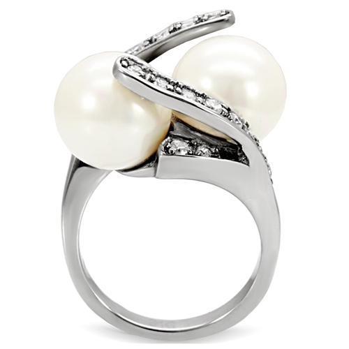 TK113 High Polished Stainless Steel Ring featuring a synthetic white pearl center stone, showcasing its elegant design and shiny finish.