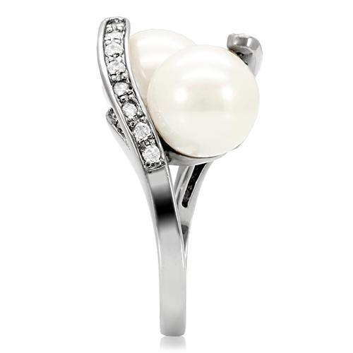 TK113 High Polished Stainless Steel Ring featuring a synthetic white pearl center stone, showcasing its elegant design and shiny finish.