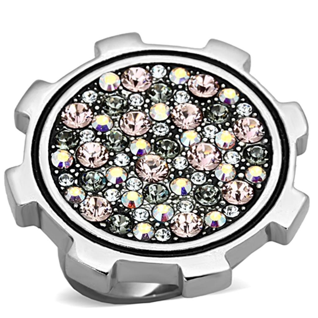 TK1113 High Polished Stainless Steel Ring featuring a vibrant multi-color top grade crystal, showcasing its elegant design and shine.