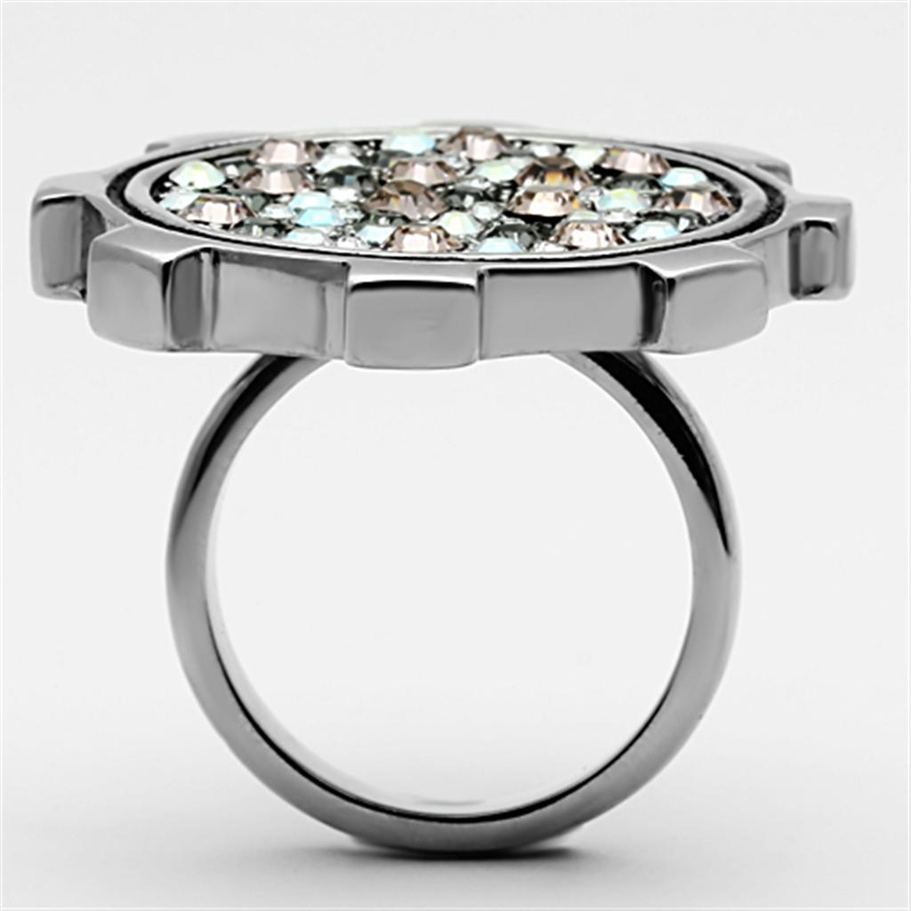 TK1113 High Polished Stainless Steel Ring featuring a vibrant multi-color top grade crystal, showcasing its elegant design and shine.