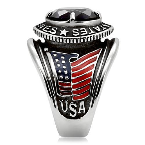 TK130 High Polished Stainless Steel Ring featuring a synthetic Montana glass stone, showcasing a sleek and modern design.