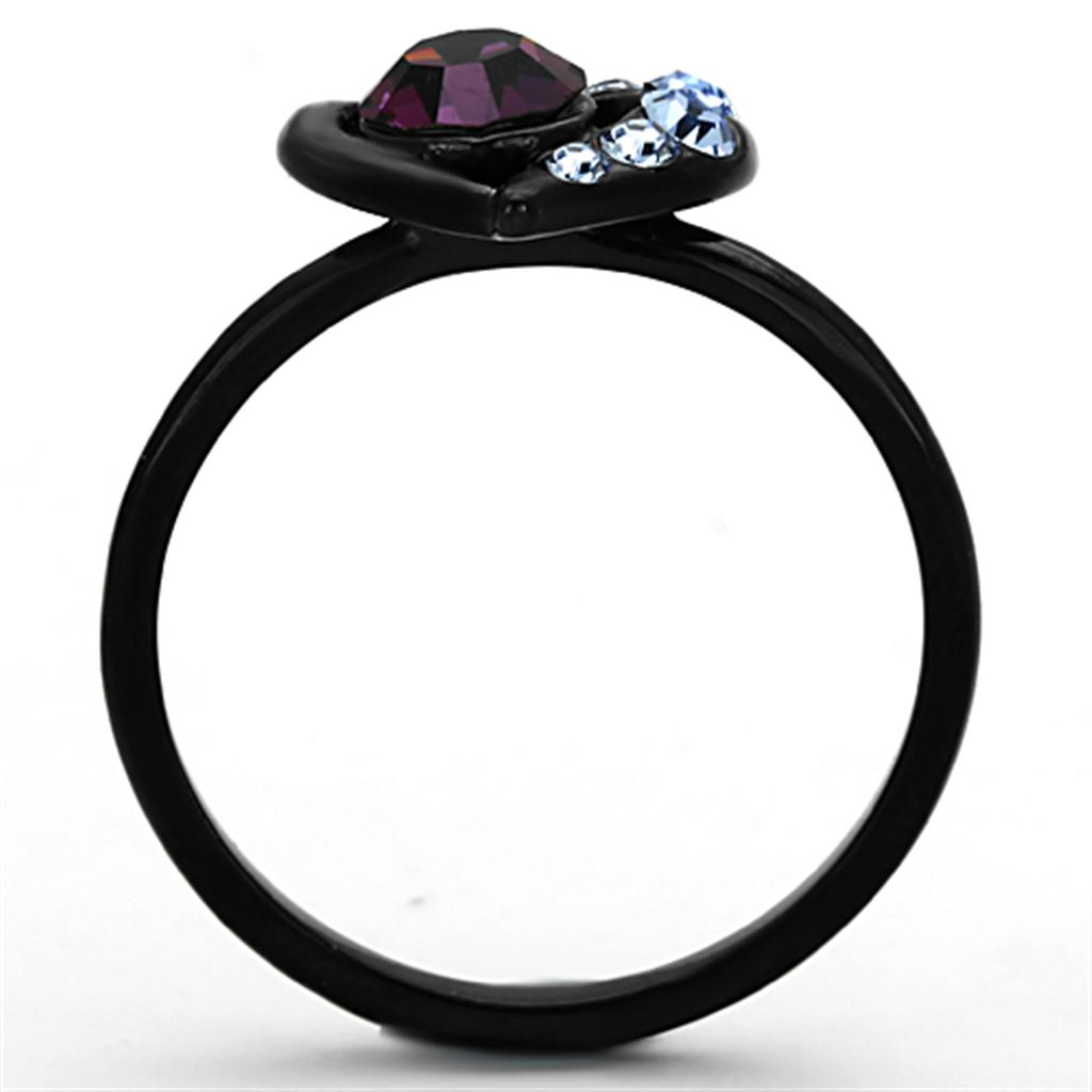 TK1300 IP Black Stainless Steel Ring featuring a top-grade amethyst crystal centerpiece, showcasing a sleek and modern design.