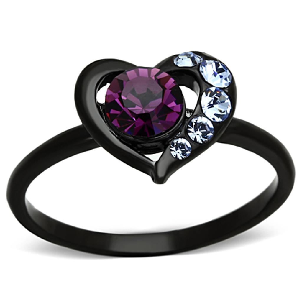 TK1300 IP Black Stainless Steel Ring featuring a top-grade amethyst crystal centerpiece, showcasing a sleek and modern design.
