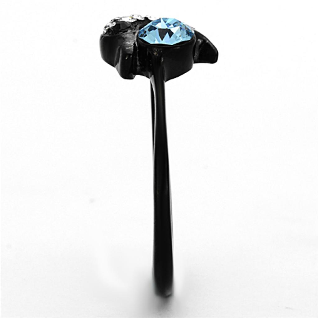 Black ring with blue gemstone.