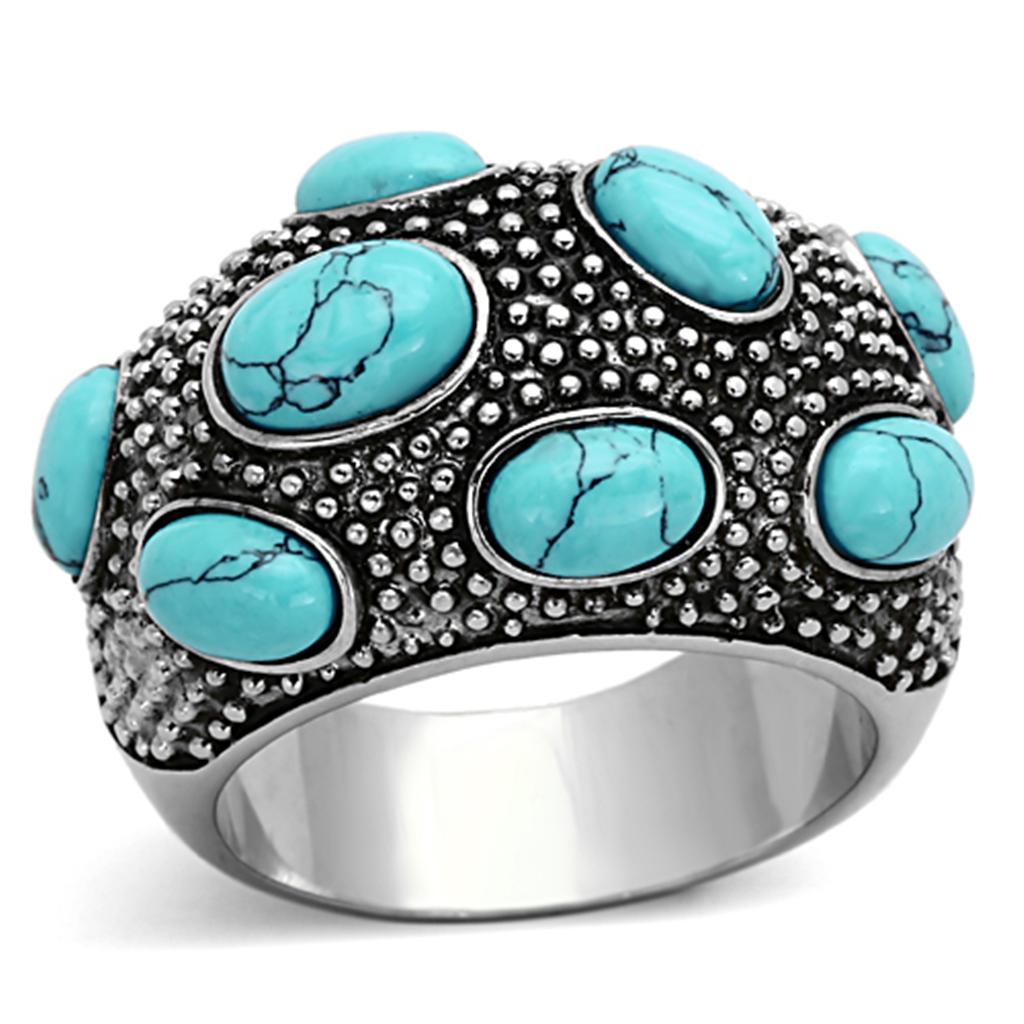 TK1308 High Polished Stainless Steel Ring featuring a vibrant synthetic turquoise center stone in sea blue color.