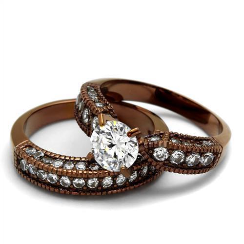 TK1318LC IP Coffee light Stainless Steel Ring featuring a clear AAA Grade CZ stone, showcasing its elegant design and durable material.