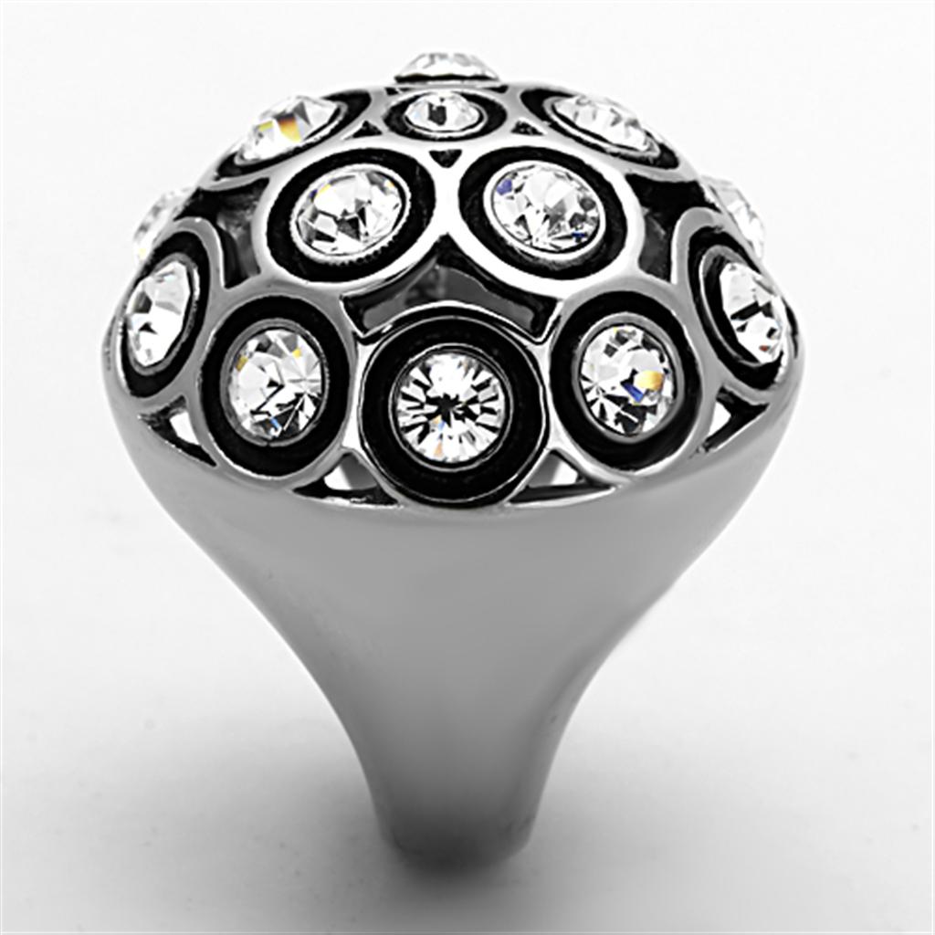 TK1325 High Polished Stainless Steel Ring featuring a clear top-grade crystal centerpiece, showcasing its elegant design and shiny finish.