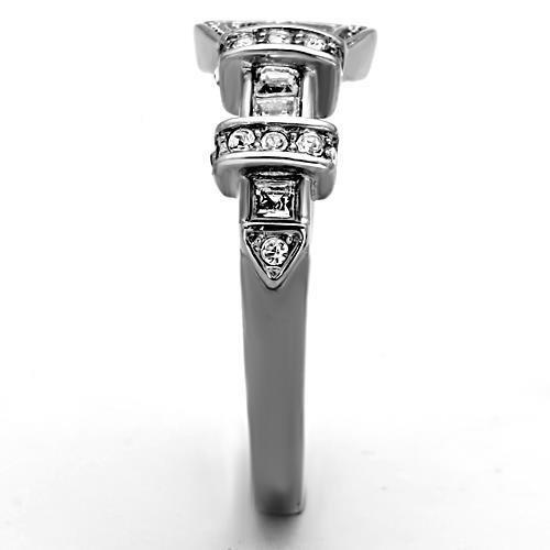 TK1334 High Polished Stainless Steel Ring featuring a clear top grade crystal centerpiece, showcasing its elegant design and shiny finish.