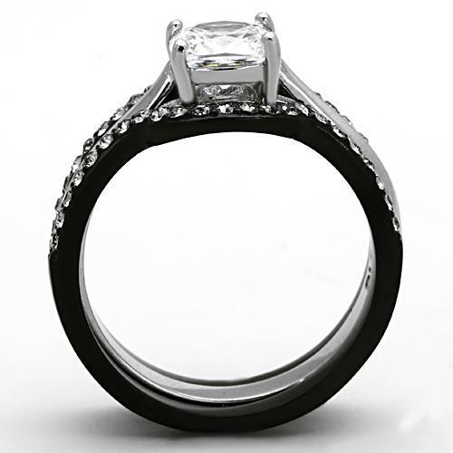 TK1343 Two-Tone IP Black Stainless Steel Ring featuring a clear AAA Grade CZ stone, showcasing a modern and elegant design.