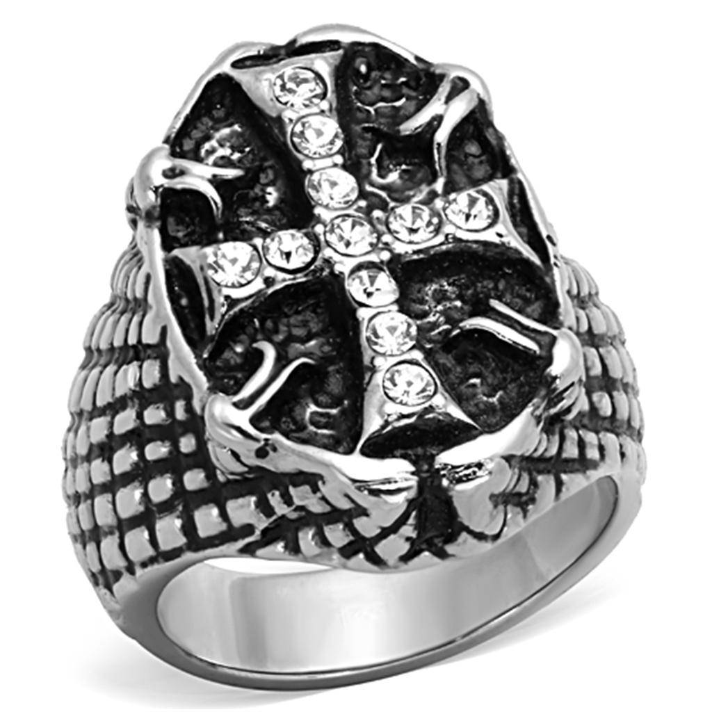 TK1351 High Polished Stainless Steel Ring featuring a clear top grade crystal centerpiece, showcasing a brilliant shine.