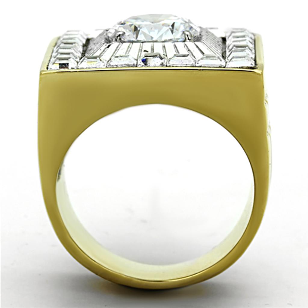 TK1359 Two-Tone IP Gold Stainless Steel Ring featuring a clear AAA grade CZ stone, showcasing a luxurious design.