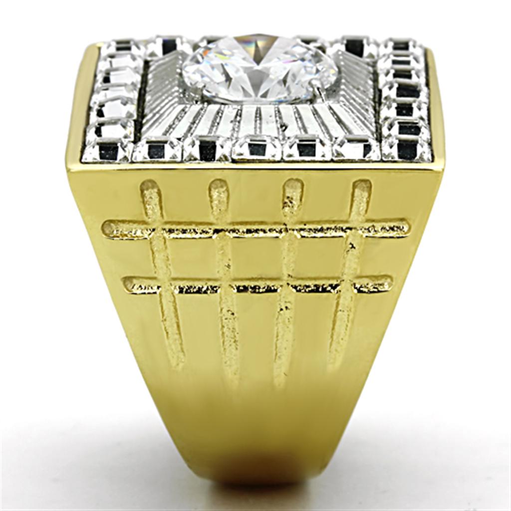 TK1359 Two-Tone IP Gold Stainless Steel Ring featuring a clear AAA grade CZ stone, showcasing a luxurious design.