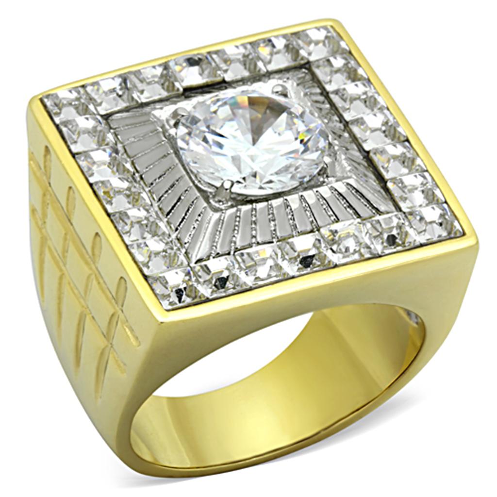 TK1359 Two-Tone IP Gold Stainless Steel Ring featuring a clear AAA grade CZ stone, showcasing a luxurious design.