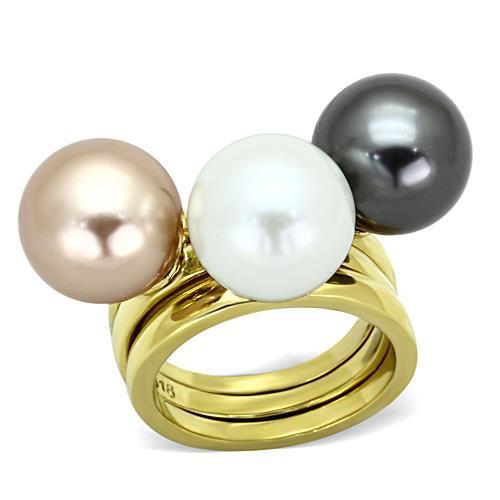 TK1370 IP Gold Stainless Steel Ring featuring a multi-color synthetic pearl centerpiece, showcasing elegance and durability.