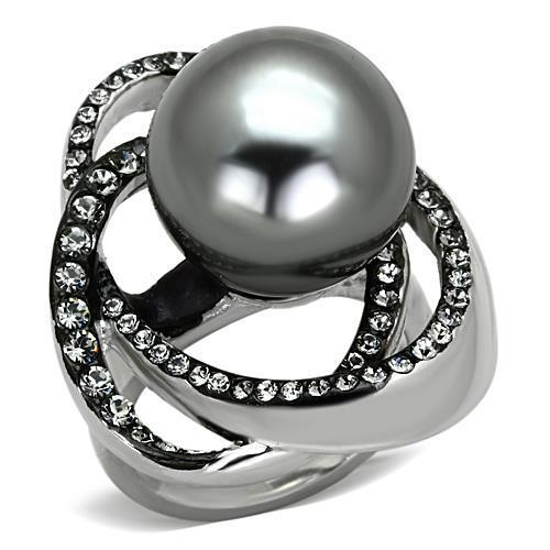 TK1371 High Polished Stainless Steel Ring featuring a gray synthetic pearl center stone, showcasing its elegant design and shiny finish.