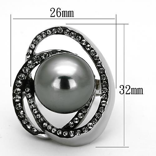 TK1371 High Polished Stainless Steel Ring featuring a gray synthetic pearl center stone, showcasing its elegant design and shiny finish.