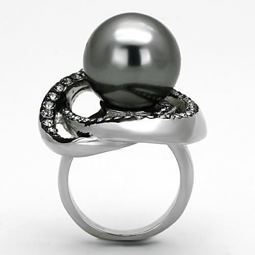 TK1371 High Polished Stainless Steel Ring featuring a gray synthetic pearl center stone, showcasing its elegant design and shiny finish.
