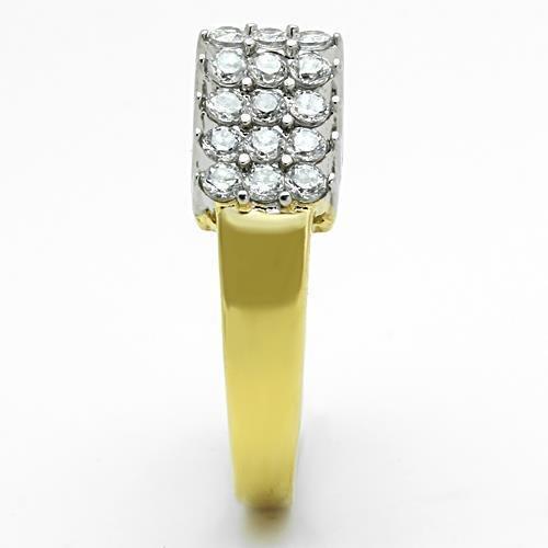 TK1376 Two-Tone IP Gold Stainless Steel Ring featuring a clear AAA grade CZ stone, showcasing a modern and elegant design.