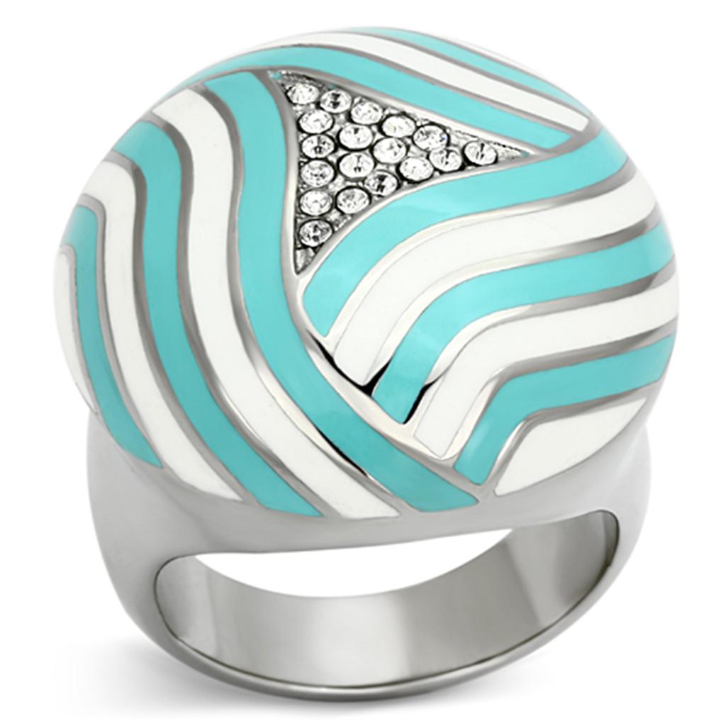 TK1138 High Polished Stainless Steel Ring featuring a clear top-grade crystal centerpiece, showcasing its elegant design and shiny finish.