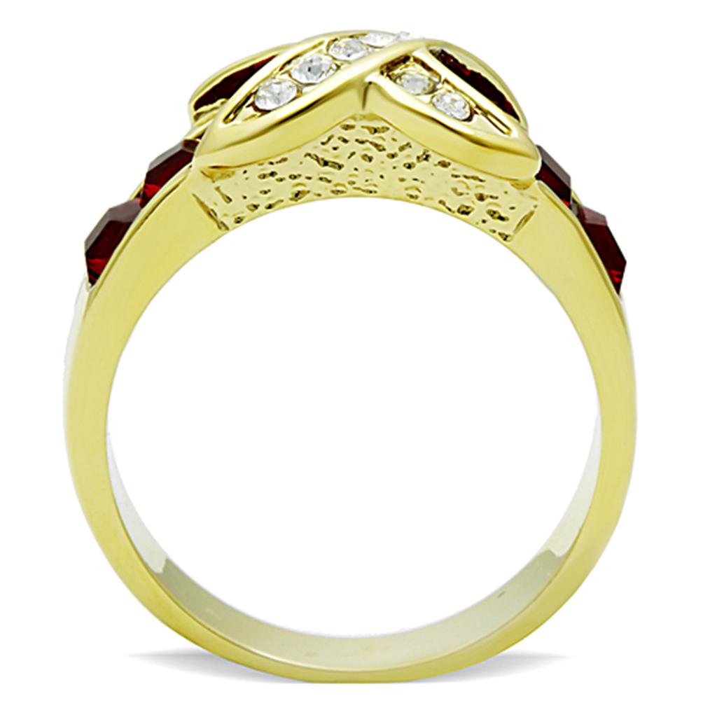 TK1388 IP Gold Stainless Steel Ring featuring a vibrant Siam top-grade crystal centerpiece, showcasing elegance and durability.