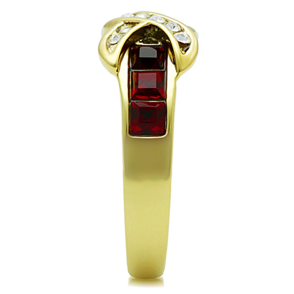 TK1388 IP Gold Stainless Steel Ring featuring a vibrant Siam top-grade crystal centerpiece, showcasing elegance and durability.
