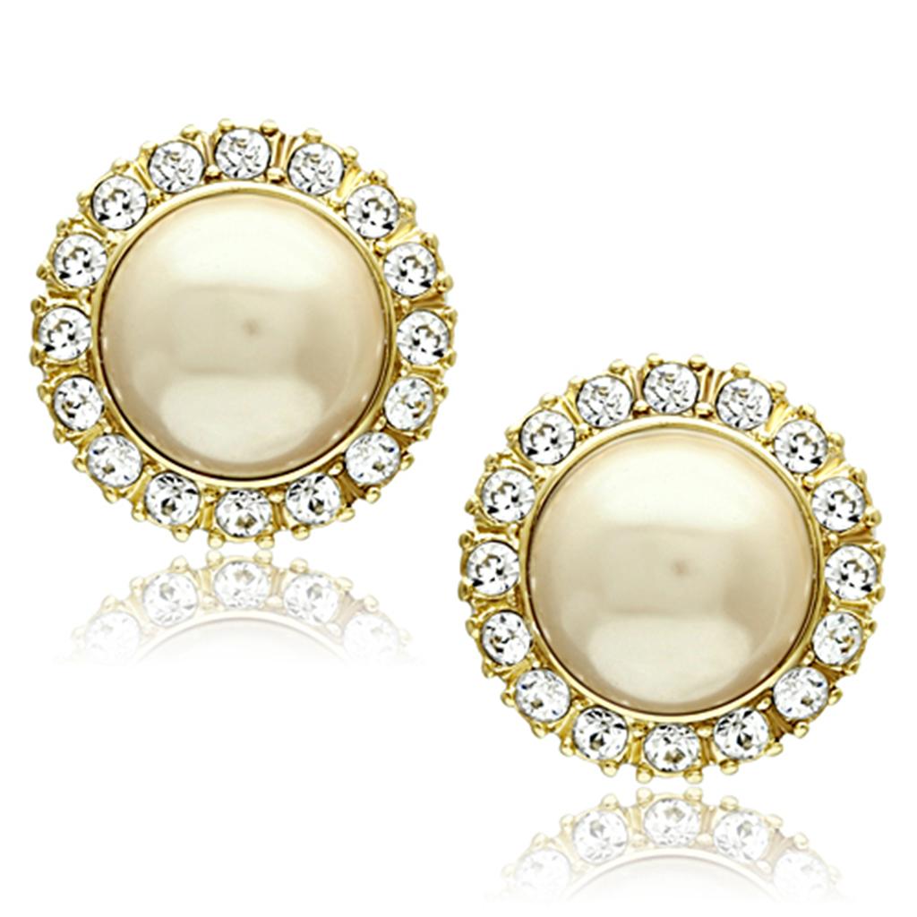 TK1381 IP Gold Stainless Steel Earrings featuring synthetic citrine yellow pearl, showcasing elegance and durability.