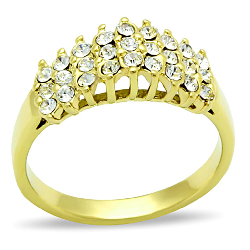 TK1384 IP Gold Stainless Steel Ring featuring a clear top-grade crystal centerpiece, showcasing its elegant design and luxurious finish.