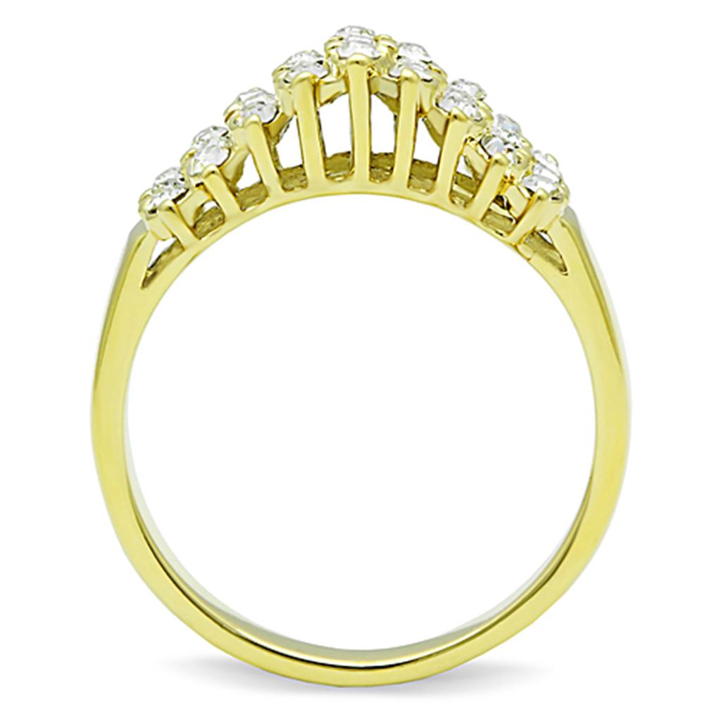 TK1384 IP Gold Stainless Steel Ring featuring a clear top-grade crystal centerpiece, showcasing its elegant design and luxurious finish.