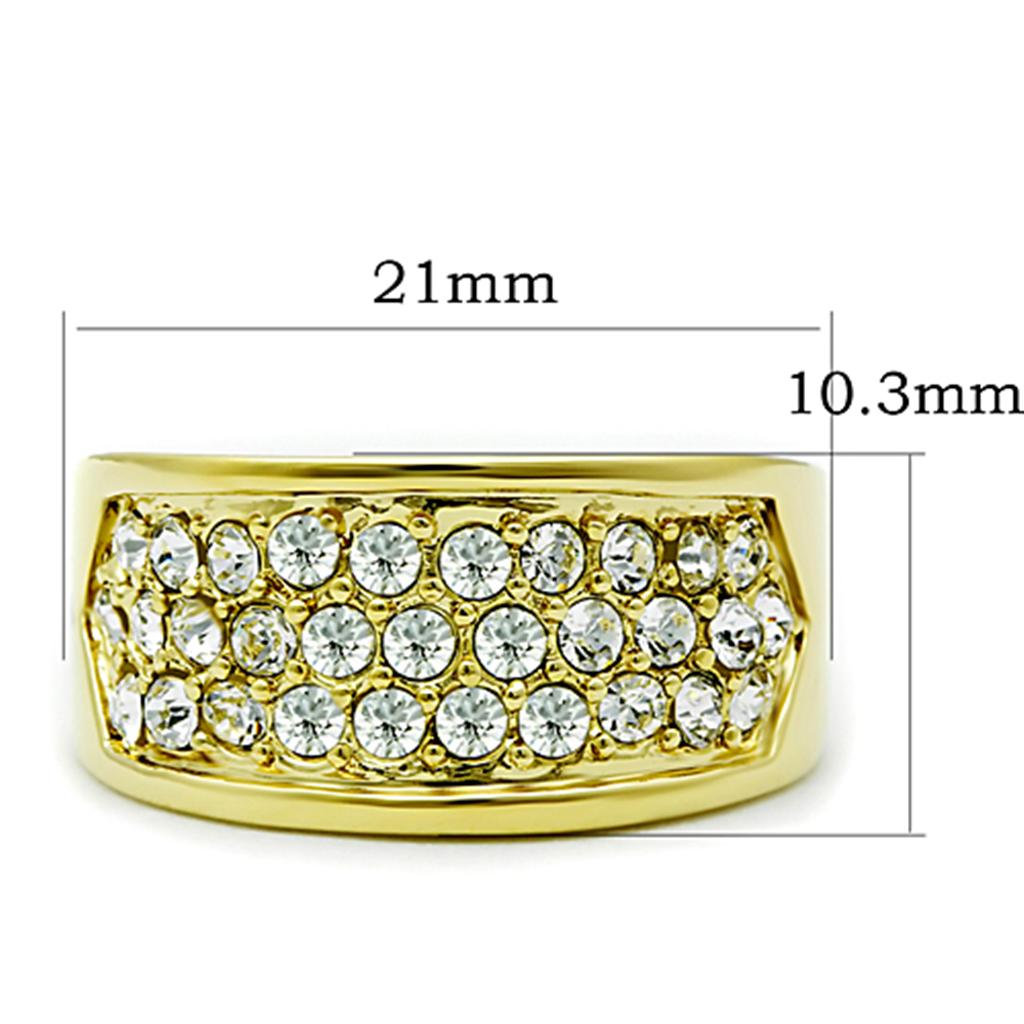 TK1385 IP Gold Stainless Steel Ring featuring a clear top-grade crystal centerpiece, showcasing a luxurious design and durable material.
