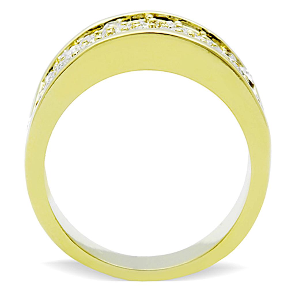 TK1385 IP Gold Stainless Steel Ring featuring a clear top-grade crystal centerpiece, showcasing a luxurious design and durable material.