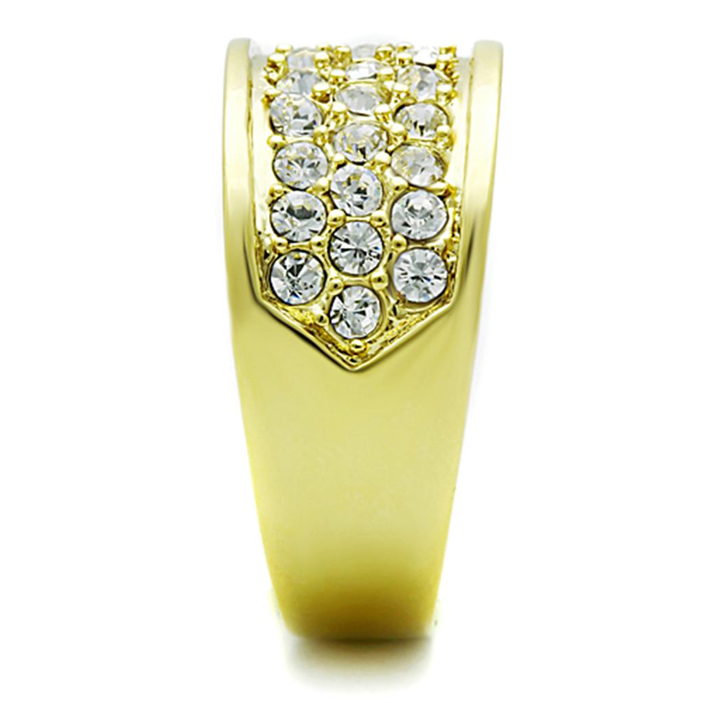 TK1385 IP Gold Stainless Steel Ring featuring a clear top-grade crystal centerpiece, showcasing a luxurious design and durable material.