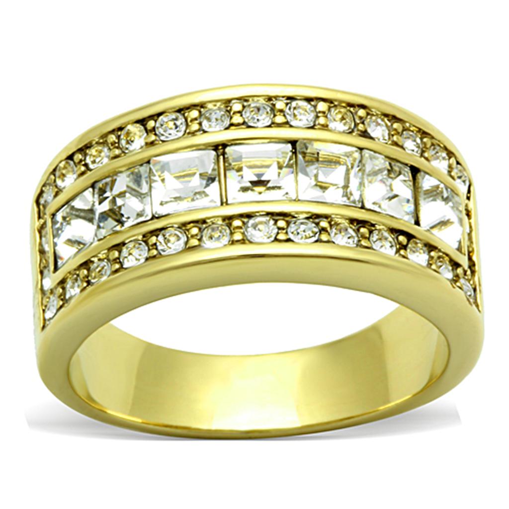 TK1386 IP Gold Stainless Steel Ring featuring a clear top-grade crystal centerpiece, showcasing its elegant design and luxurious finish.