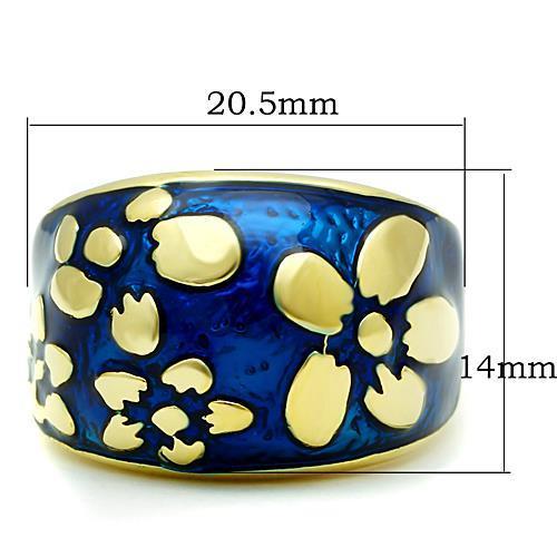 TK1399 IP Gold Stainless Steel Ring featuring a vibrant Capri Blue epoxy stone, showcasing its elegant design and durable material.