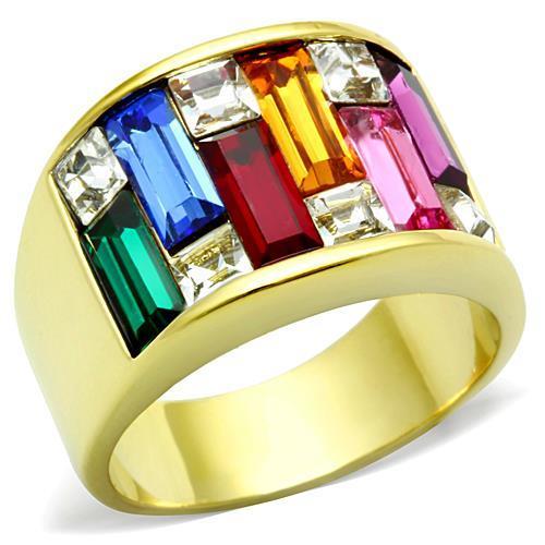TK1397 IP Gold Stainless Steel Ring featuring a multi-color top-grade crystal centerpiece, showcasing a luxurious design.