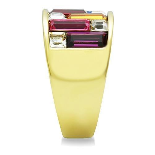 TK1397 IP Gold Stainless Steel Ring featuring a multi-color top-grade crystal centerpiece, showcasing a luxurious design.