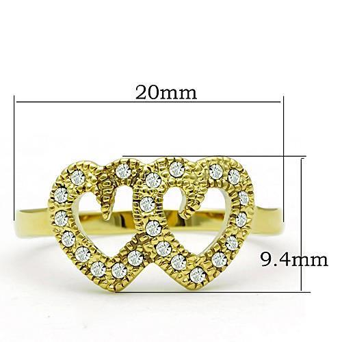 TK1398 IP Gold Stainless Steel Ring with clear top-grade crystal centerpiece, showcasing its elegant design and luxurious finish.