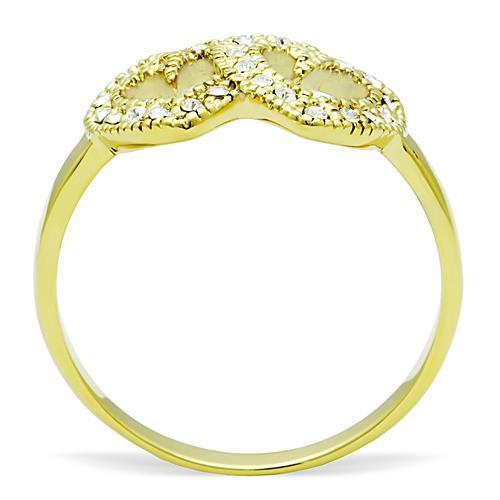 TK1398 IP Gold Stainless Steel Ring with clear top-grade crystal centerpiece, showcasing its elegant design and luxurious finish.