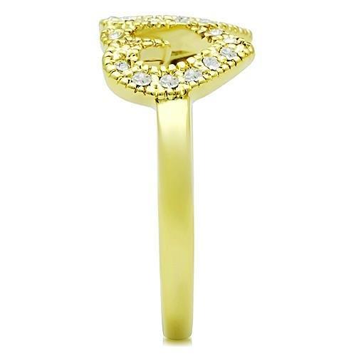 TK1398 IP Gold Stainless Steel Ring with clear top-grade crystal centerpiece, showcasing its elegant design and luxurious finish.