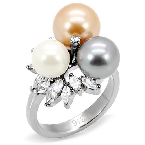 TK114 High Polished Stainless Steel Ring featuring a multi-color synthetic pearl centerpiece, showcasing its elegant design and shiny finish.