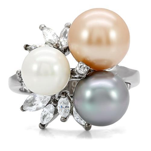 TK114 High Polished Stainless Steel Ring featuring a multi-color synthetic pearl centerpiece, showcasing its elegant design and shiny finish.