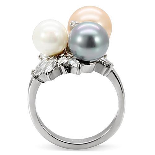 TK114 High Polished Stainless Steel Ring featuring a multi-color synthetic pearl centerpiece, showcasing its elegant design and shiny finish.