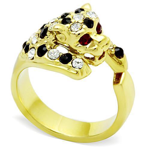 TK1401 IP Gold Stainless Steel Ring featuring a multi-color top-grade crystal, showcasing a luxurious design and durable material.