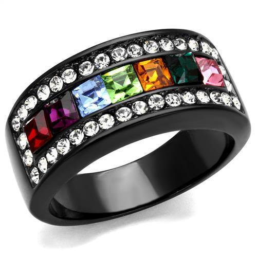 TK1402J IP Black Stainless Steel Ring featuring a multi-color top-grade crystal, showcasing a modern design with ion plating.