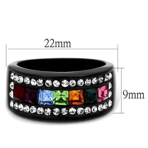 TK1402J IP Black Stainless Steel Ring featuring a multi-color top-grade crystal, showcasing a modern design with ion plating.