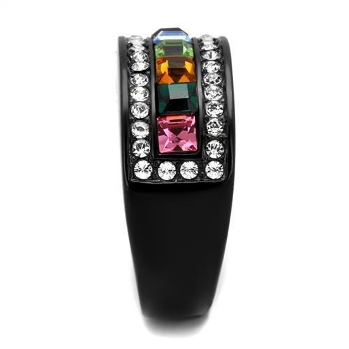 TK1402J IP Black Stainless Steel Ring featuring a multi-color top-grade crystal, showcasing a modern design with ion plating.